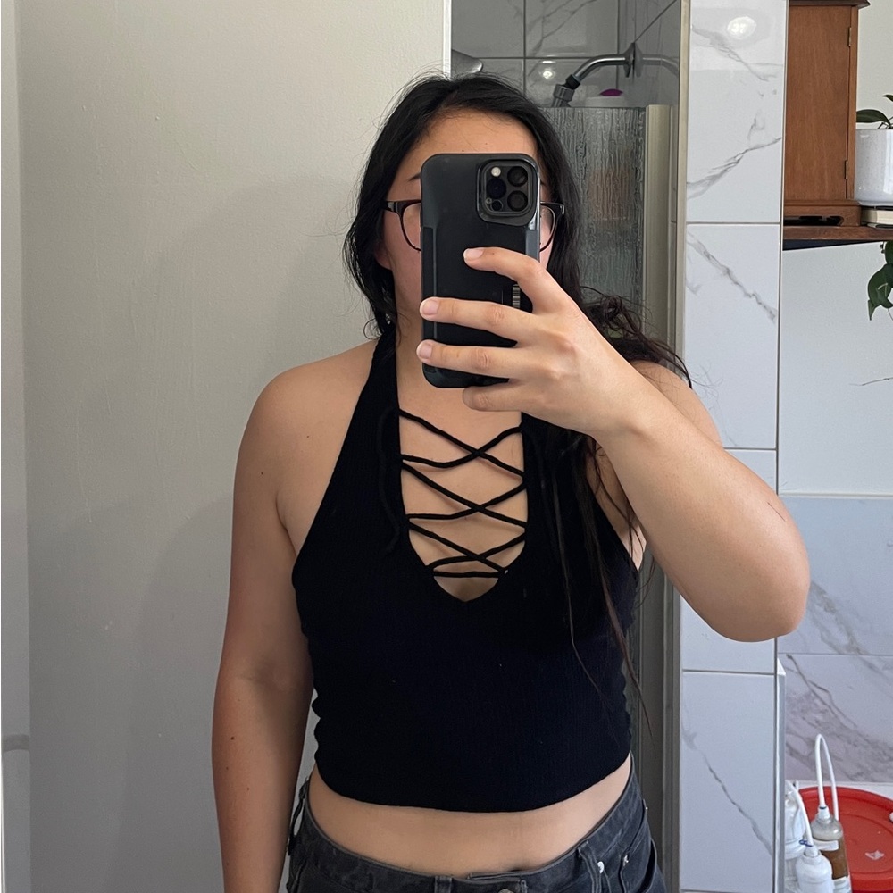 Project Social T x Urban Outfitters Lace Up Cropped Halter Top Black (Medium)